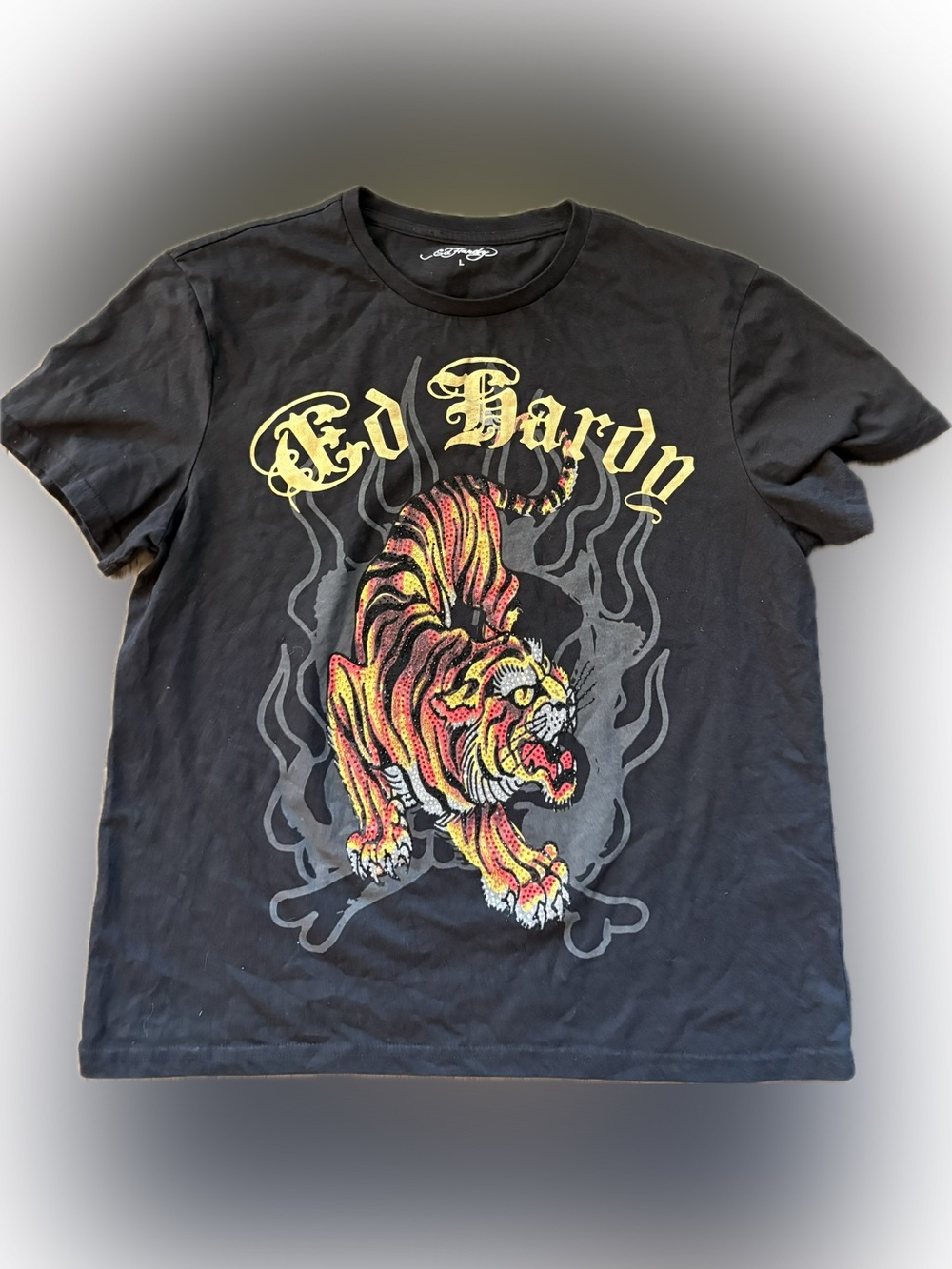 Ed Hardy Black Tee with Yellow Logo and Multicolor Tiger